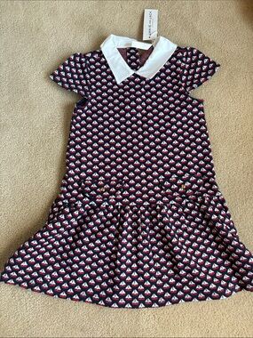 Nautical Print Navy & White Girls Dress with Peter Pan Collar